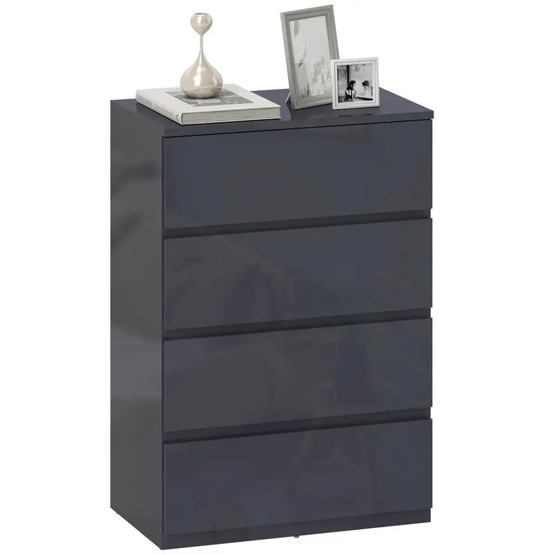 Commode 4 tiroirs, meuble de rangement à haute brillance, fermeture douce et silencieuse, 55 x 34 x 80 cm, gris