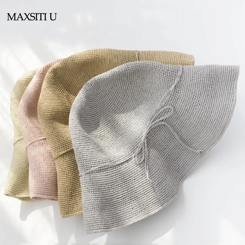 MAXSITI U  Breathable Sun Protection Hand-Knitted Paper Straw Bucket Hats For Women Summer Travel Leisure Harajuku Versatile Cap