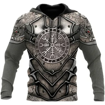 2024 yeni Retro sonbahar ve kış 3D Viking mitolojisinde baskı erkek spor kapşonlu moda uzun kollu erkek kazak Punk tarzı