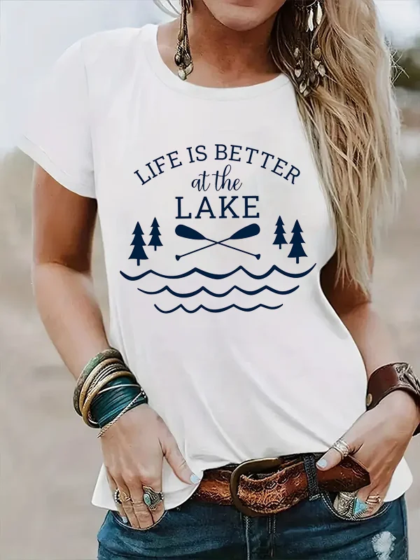 Life Is Better At The Lake Slogan Women T-shirt Vintage Grove Lakes Oar Print Trend Casual Comfort Spring Outing Female Shirt