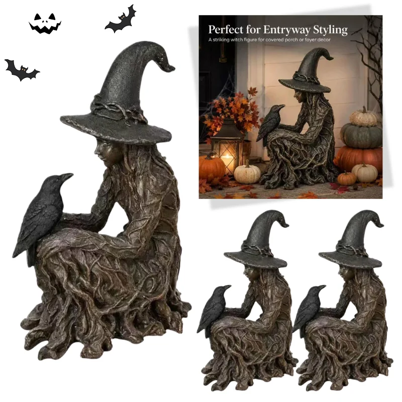Halloween Mystical Witch Sculpture Resin Statue With Crow UV Protected Outdoor Yard Garden Holiday Ornament Gift