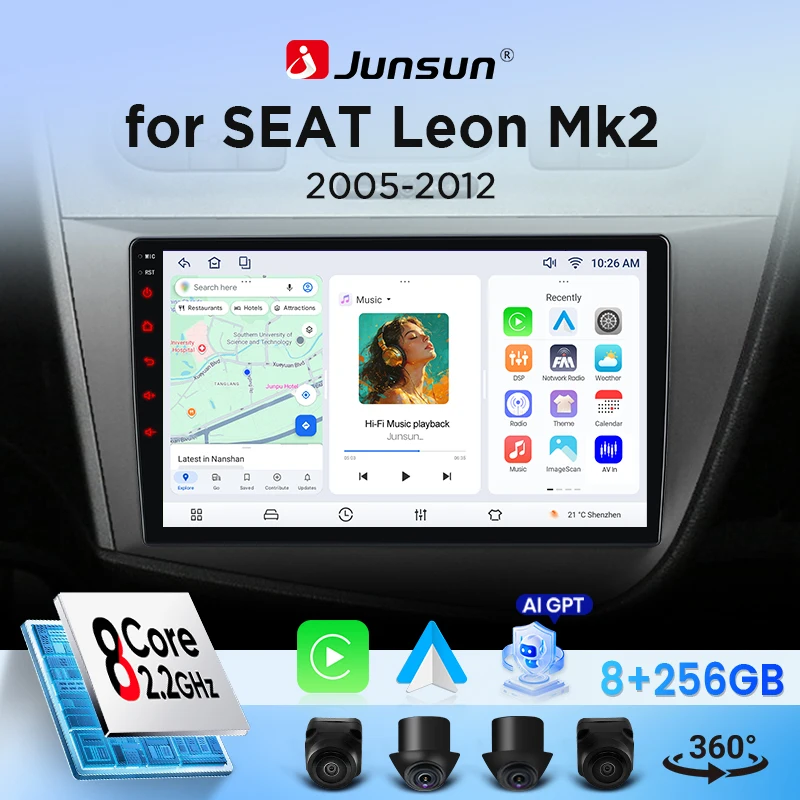 Autoradio Junsun pour Seat Leon MK2 2005-2012, CarPlay, Android Auto, FM, RDS, DSP, BT, GPS, Navi, SWC, écran tactile HD IPS, Plug & Play, lecteur multimédia, appels mains libres, style d'origine de la voiture, unité principale