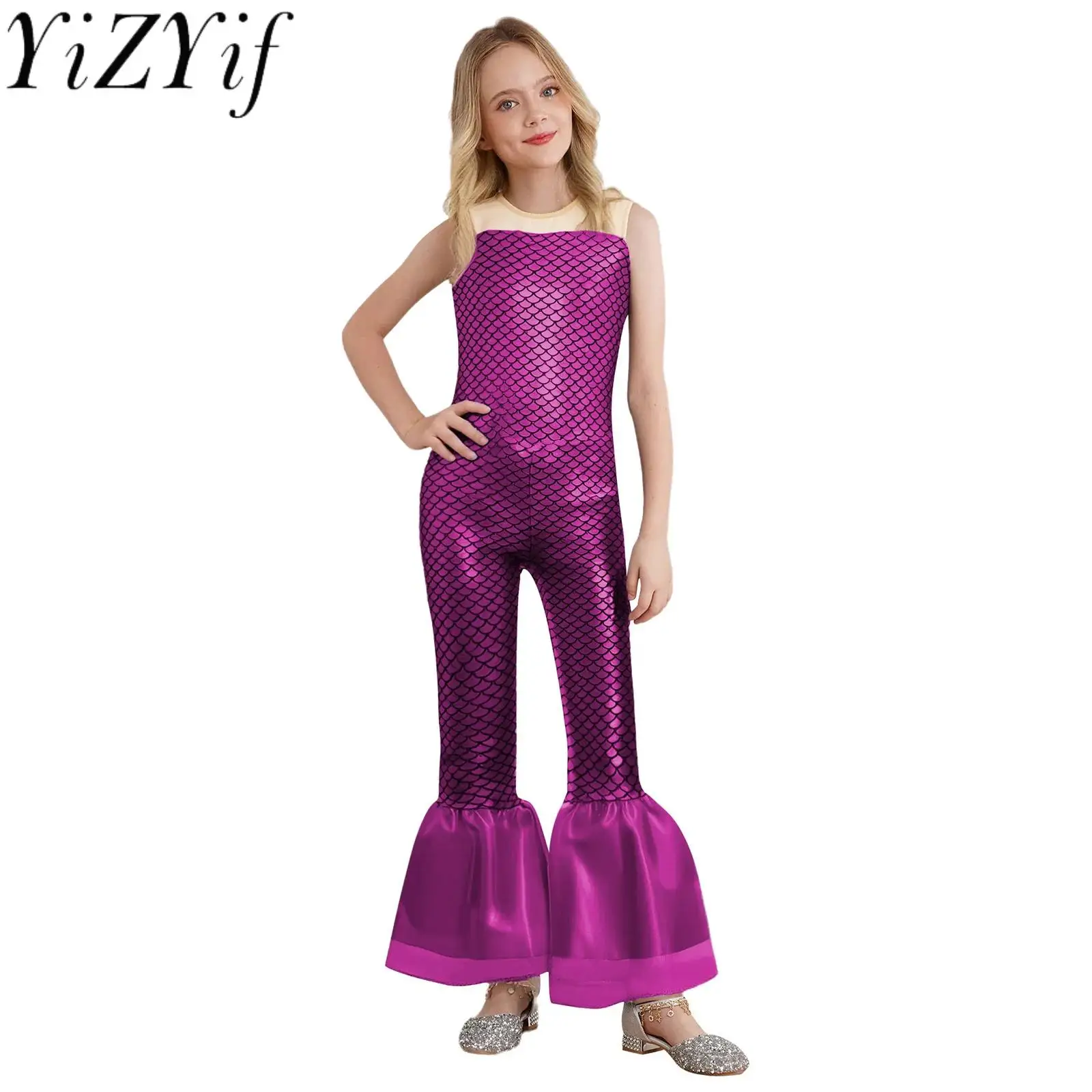 

Fashion Metallic Mermaid Role Play Rompers Fish Scales Print Flared Mermaid Jumpsuit Party Holiday Beachwear Halloween Costume