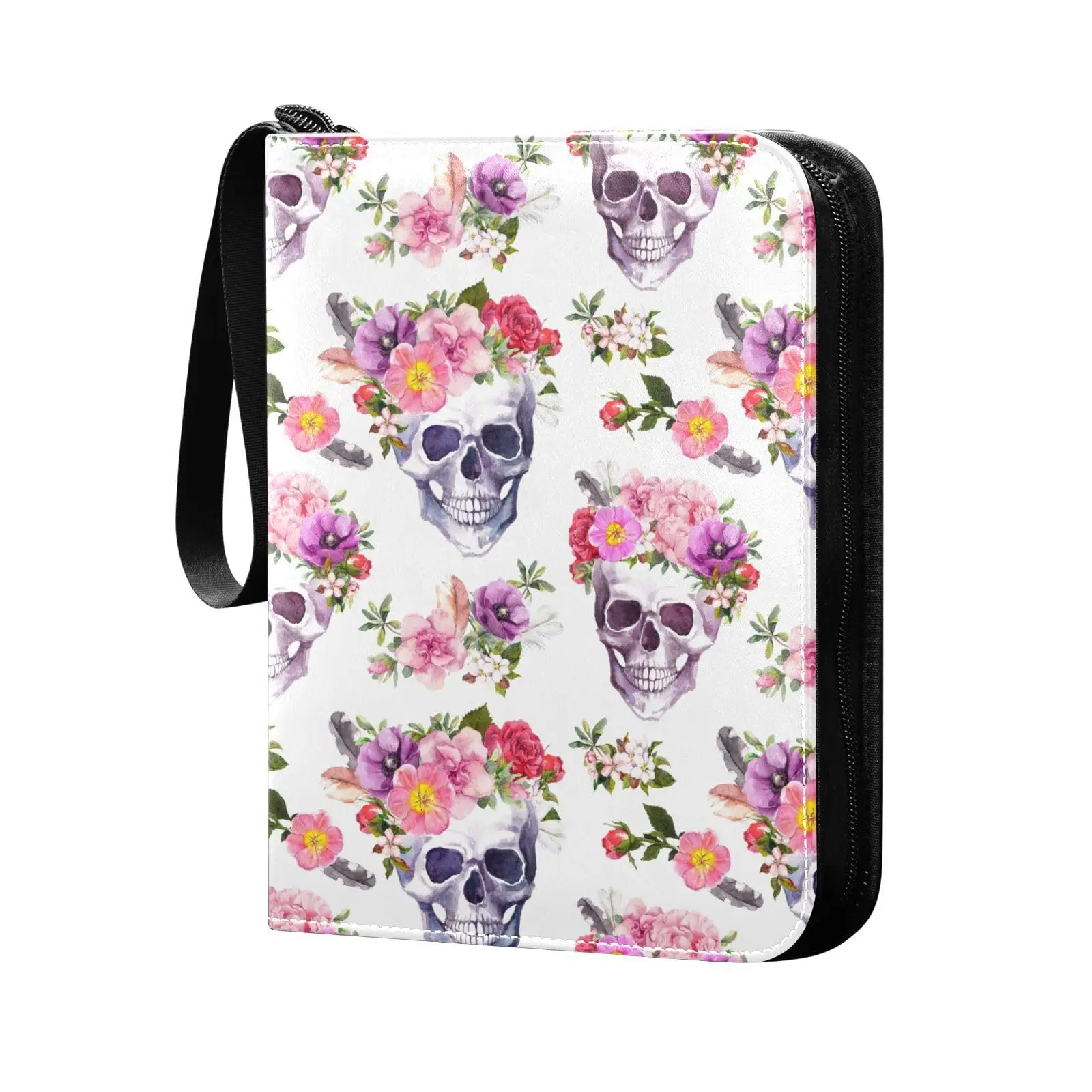 Human Skulls Flowers 4 Pocket Card Binder, 400 Double Sided Pocket Album for Sport Game Cards, Unique Card Collection Storage