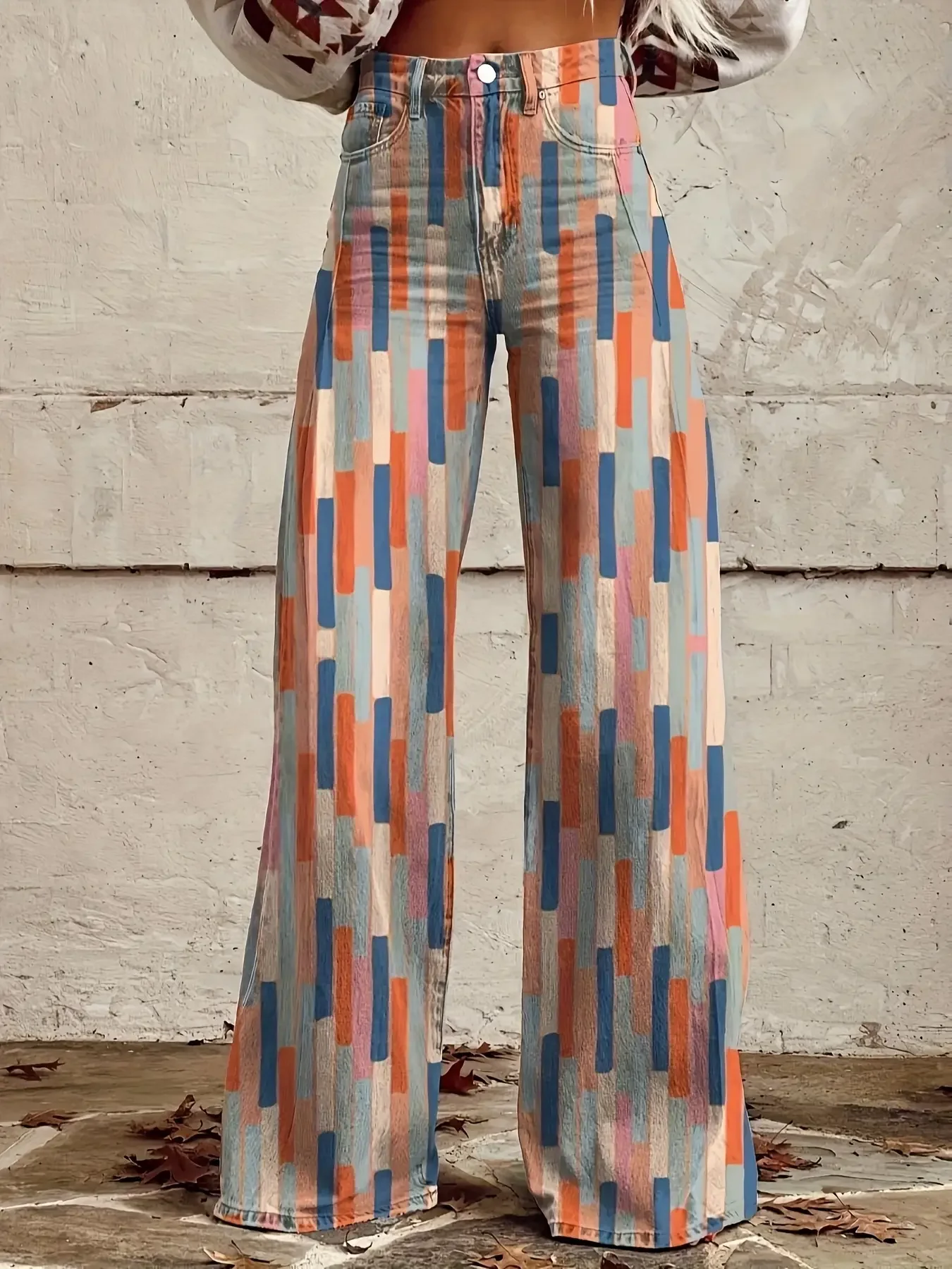 2026 Chinese retro yellow and red flower printed loose trumpet imitation jeans