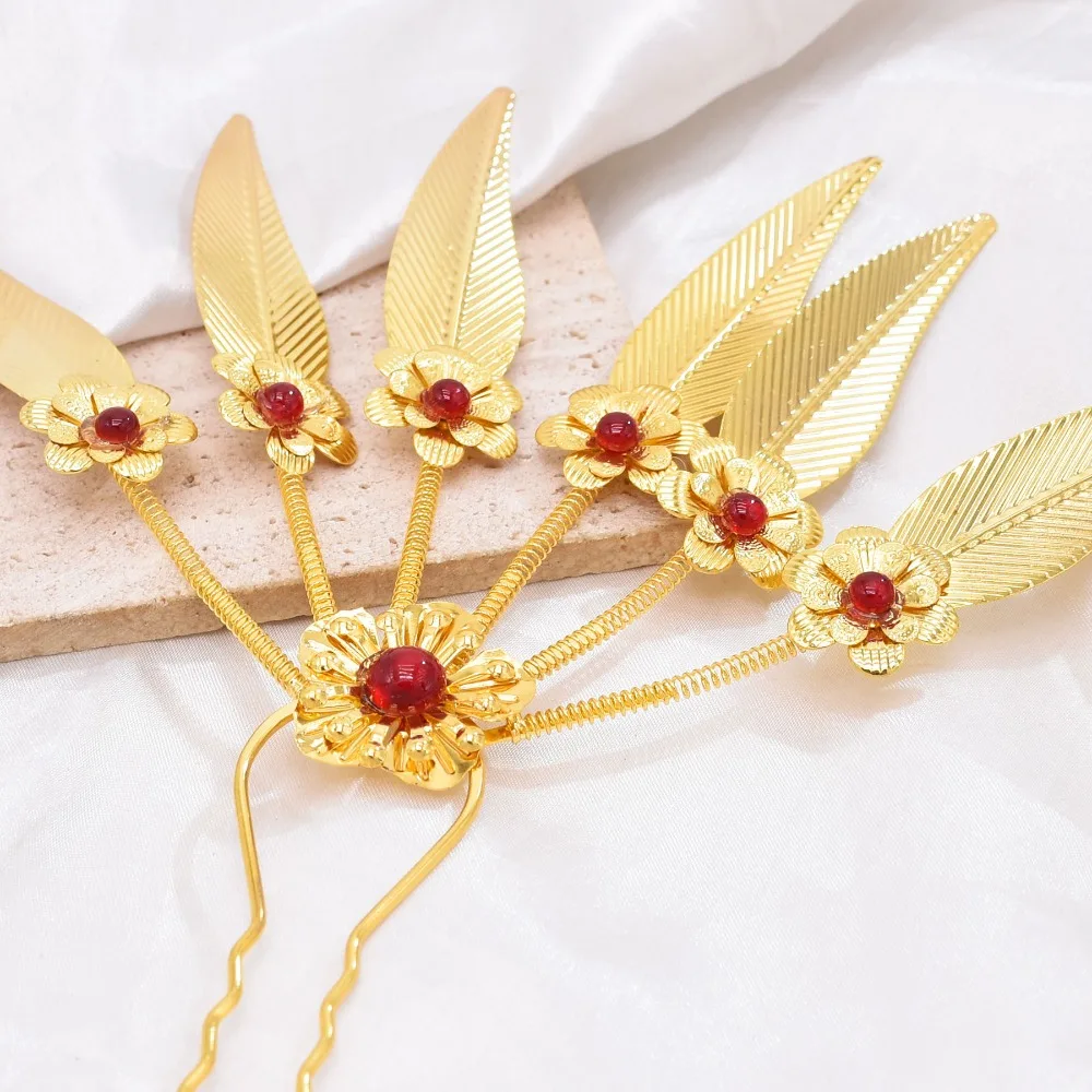 Retro Ancient Thai Metal Leaves Hairpin Rhinestone Crystal Golden Hair Fork Flower Headwear Thai Hair Sticks Party