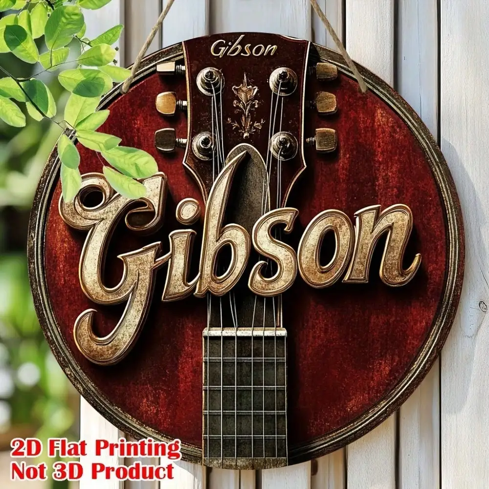 2D Flat Vintage Retro Gibson Guitar Round Wooden Sign, Wooden Plaque, Music Studio Bar Garage Wall Art Decor, Rock Country Instr