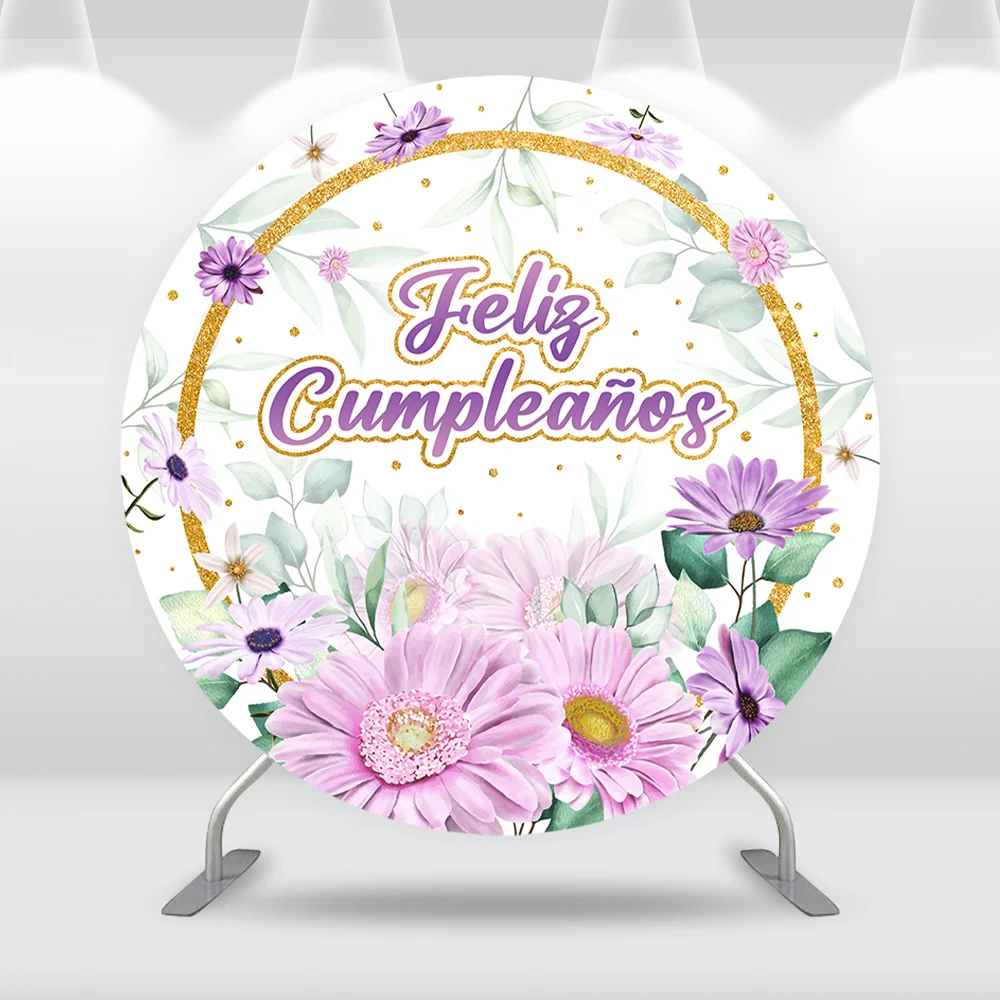 Feliz cumpleaños Party Decoration for Woman Round Circle Backdrop Cover Purple Lilac Florals Birthday Cake Table Cylinder Covers