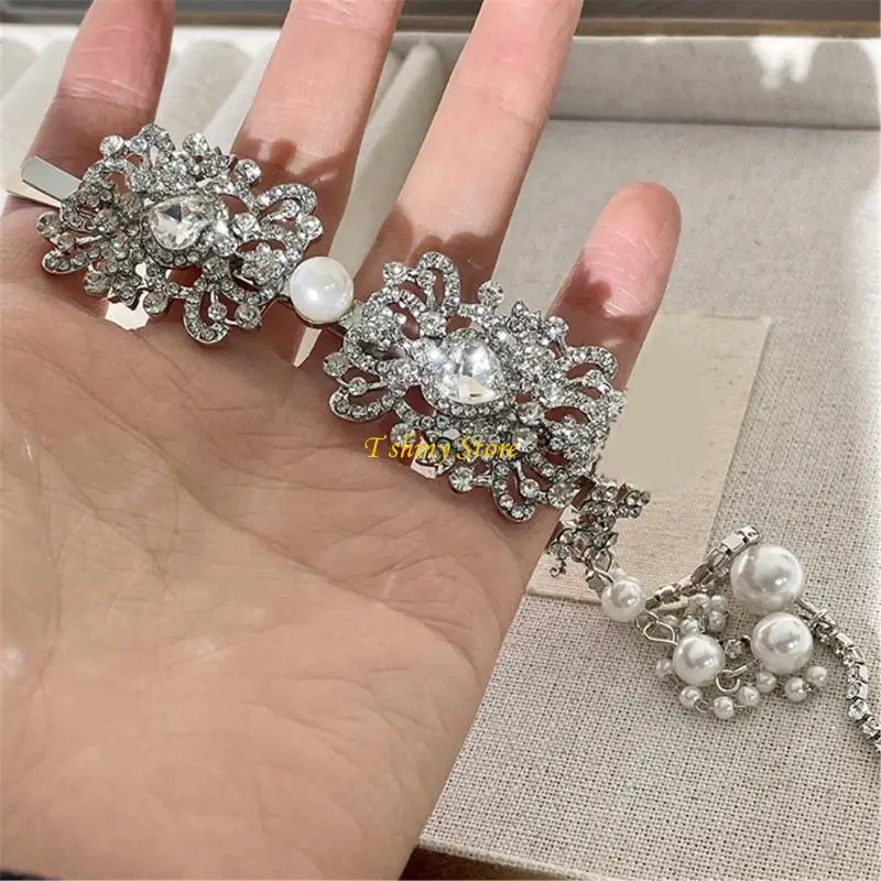 

N58F Silver Tassels Hairpiece with Pearls Rhinestones Hair Clip for Bride and Parties