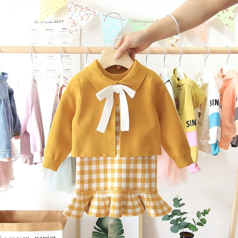 2024 Baby Girl Fashion Clothing Set Cute Bow Sweaters+plaid Dress,girls Infant Elegant Clothes Sets Children Party Birthday Wear