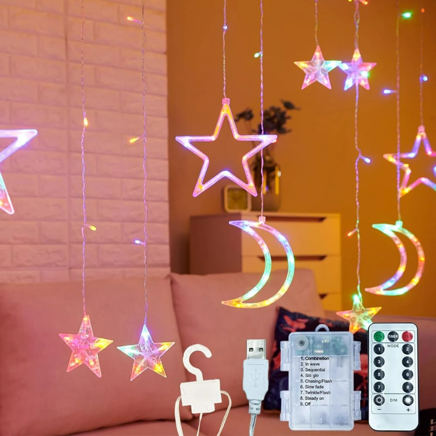 Compre agora para lindas luzes de cortina LED de lua e estrelas com controle remoto – luz noturna perfeita para decoração de casa e festas