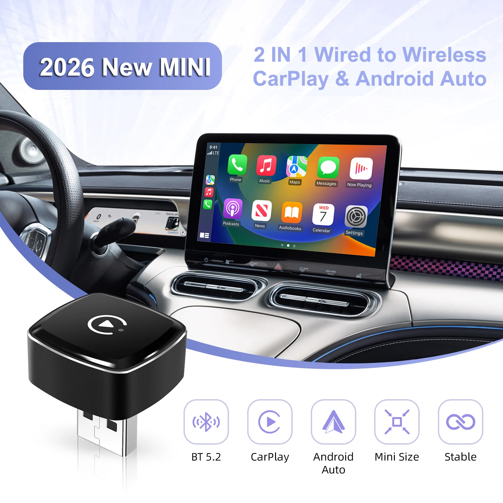 2026 NEW 2in1 Wireless CarPlay&Android Auto Adapter Ultra-Compact Universal Dongle for Factory Wired Cars Plug&Play with WiFi&BT