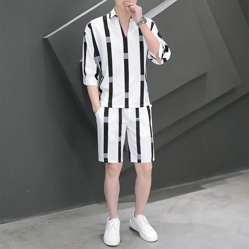 Male T Shirt Short Sets Workout White No Logo Quarter Sleeve 2 Piece Outfit Men\'s Shorts Set Cool Korean Two Novelty in Outfits