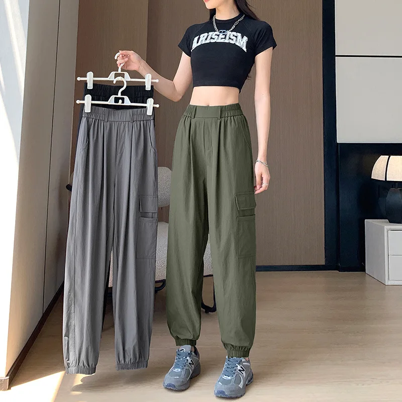 

Women Cargo Pants Binding Leg Loose High Waist Loose Straight Sports Harem Trousers Solid Streetwears Casual 2024 Spring