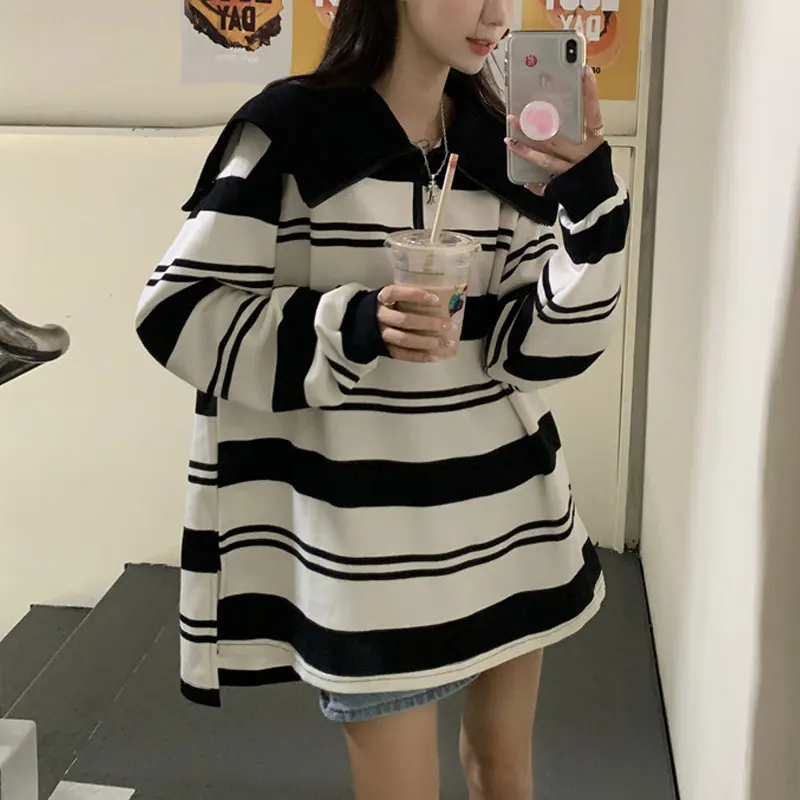 

Korean Sailor Collar Striped Pullovers Spring Autumn Loose Women's Clothing Chic Zipper Casual Spliced Long Sleeve Sweatshirts