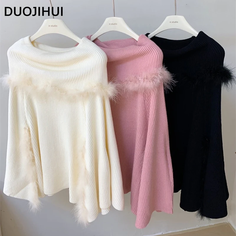 DUOJIHUI-suéter elegante para mujer, Ponchos básicos a rayas de manga larga, holgados, de Color puro, Ponchos informales a la moda, novedad