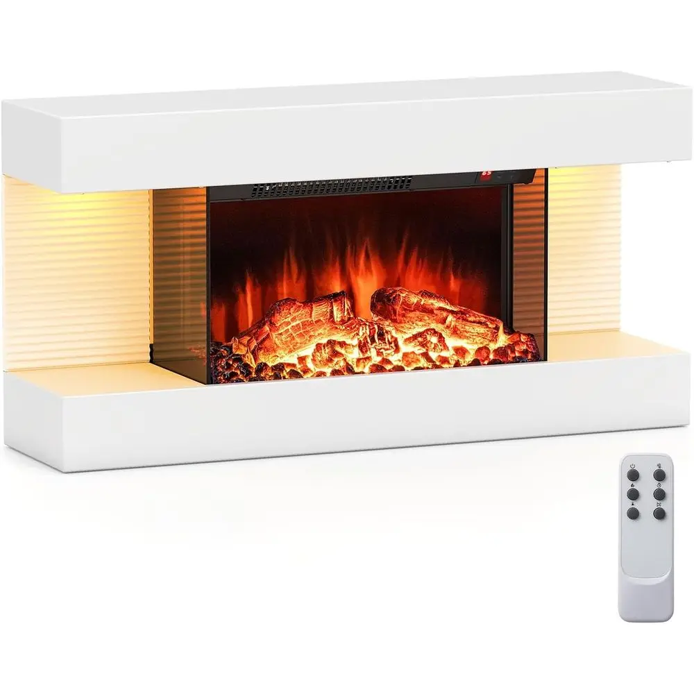 

32-inch Wide Electric Fireplace with Floating Mantel, 750/1500W, Wall-Mounted, 12-Color Flame and Ambient Light, Remote Control,