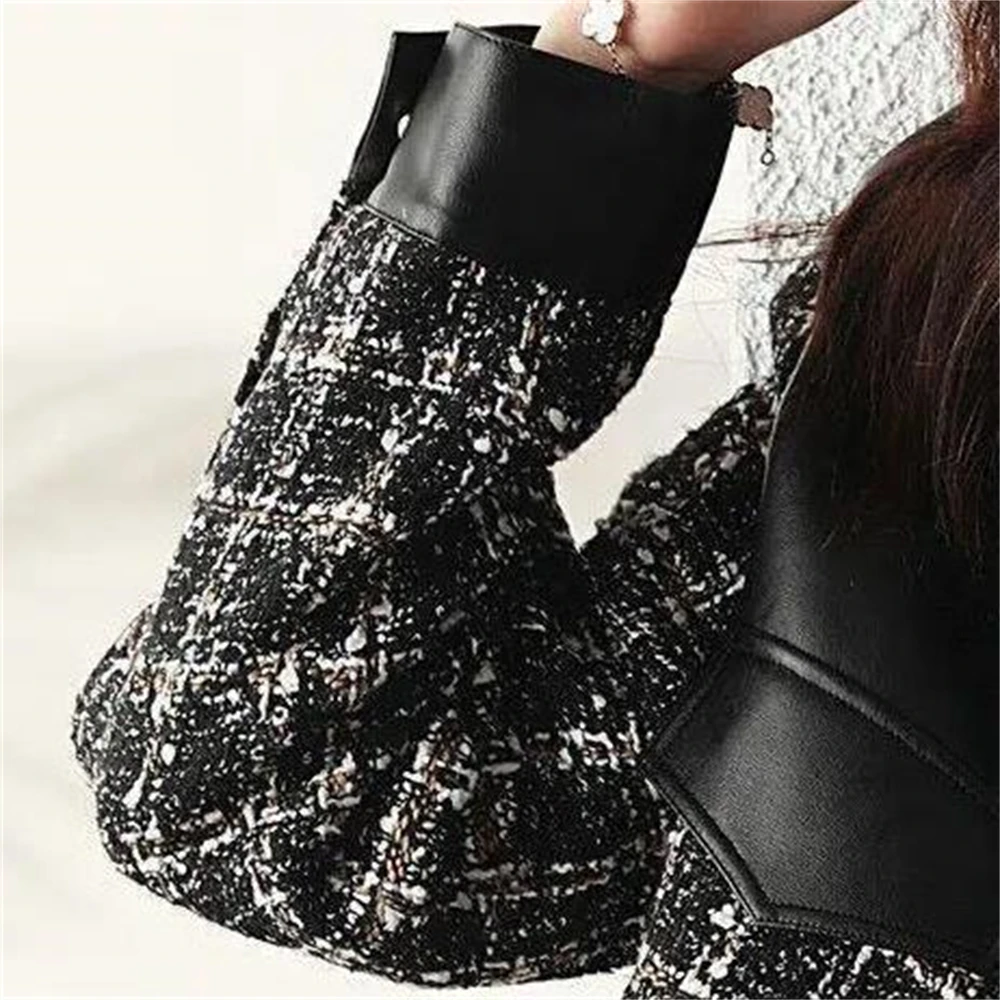 Female Stitching Pu Leather Jacket Motorcycle Coat Autumn Women Spring Tops Single-Breasted Lapel Outerwear