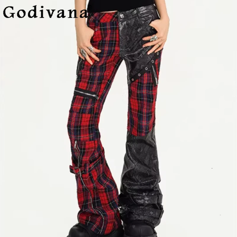 

Spring Autumn New Street Red Slim Plaid Fashion Splicing Leather Pants Sexy Girls Low Waist Versatile Personalized Trousers