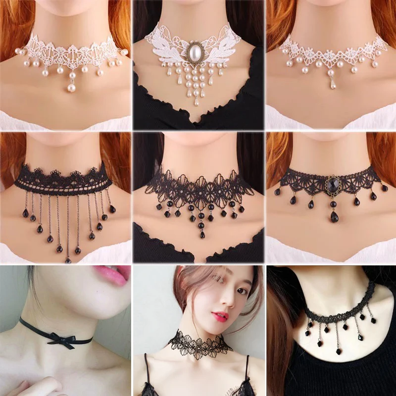 XUBCHC Gothic Hollow Vintage Lace Choker Necklace for Women Gem Decorated Christmas Theme Fashion Jewelry Accessory