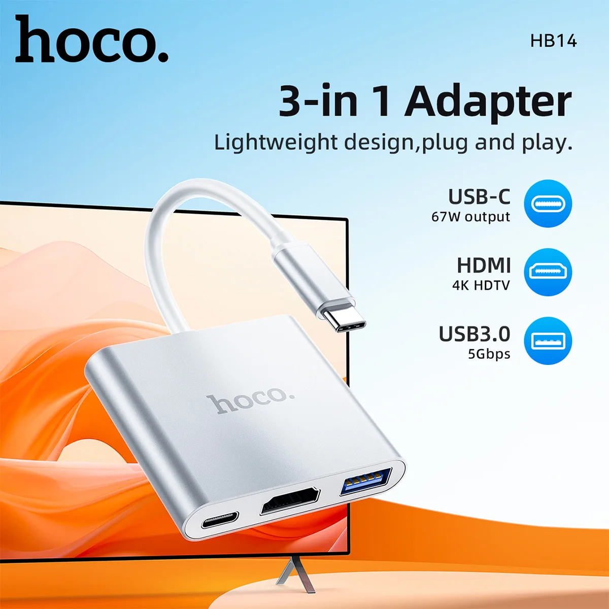 HOCO HB14 Type C Adapter HUB USB C Female Expand Socket to USB3.0 HDTV HDMI PD Fast Charging For Laptop Notebook Windows Mac OS