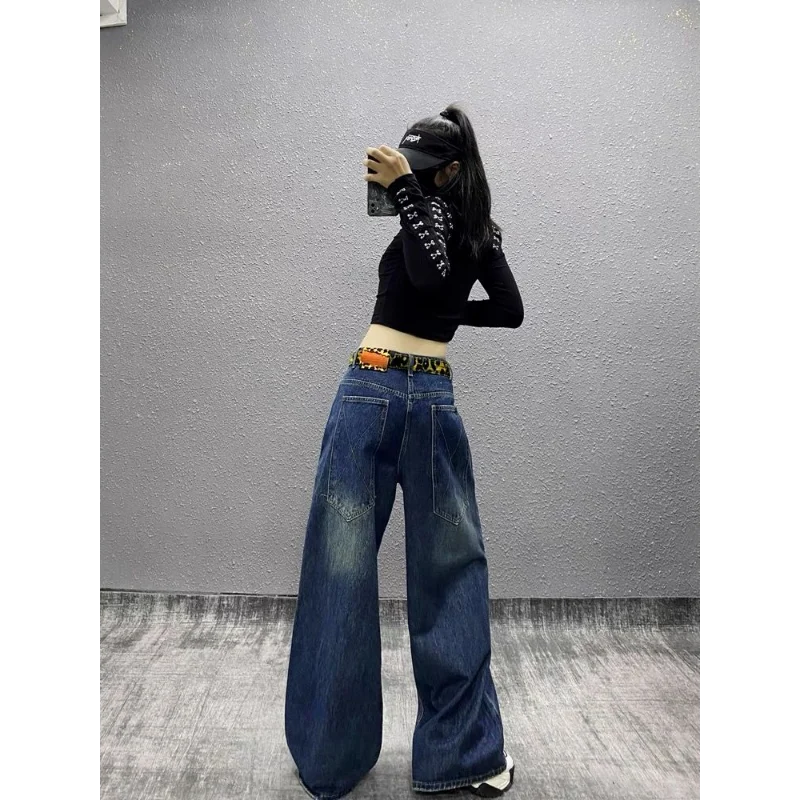 Spring and Autumn New American Pocket Casual Tie-Dye Jeans Women's Retro Leopard Print Ribbon Loose Wide Legs Pants