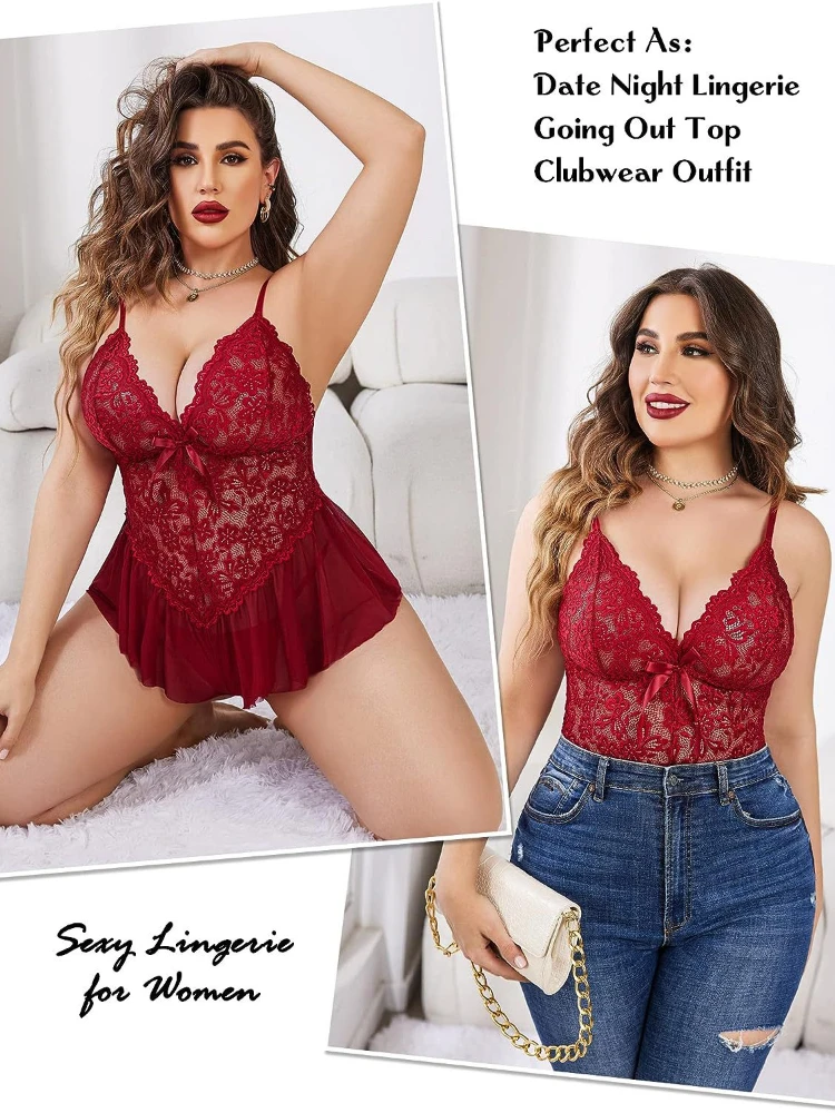 

5xl Plus Size Lingerie Bodysuit Women Lace One Piece Teddy Babydoll See Thoudh Chemise V Neck Sleepwear Sexy Top for Going Out