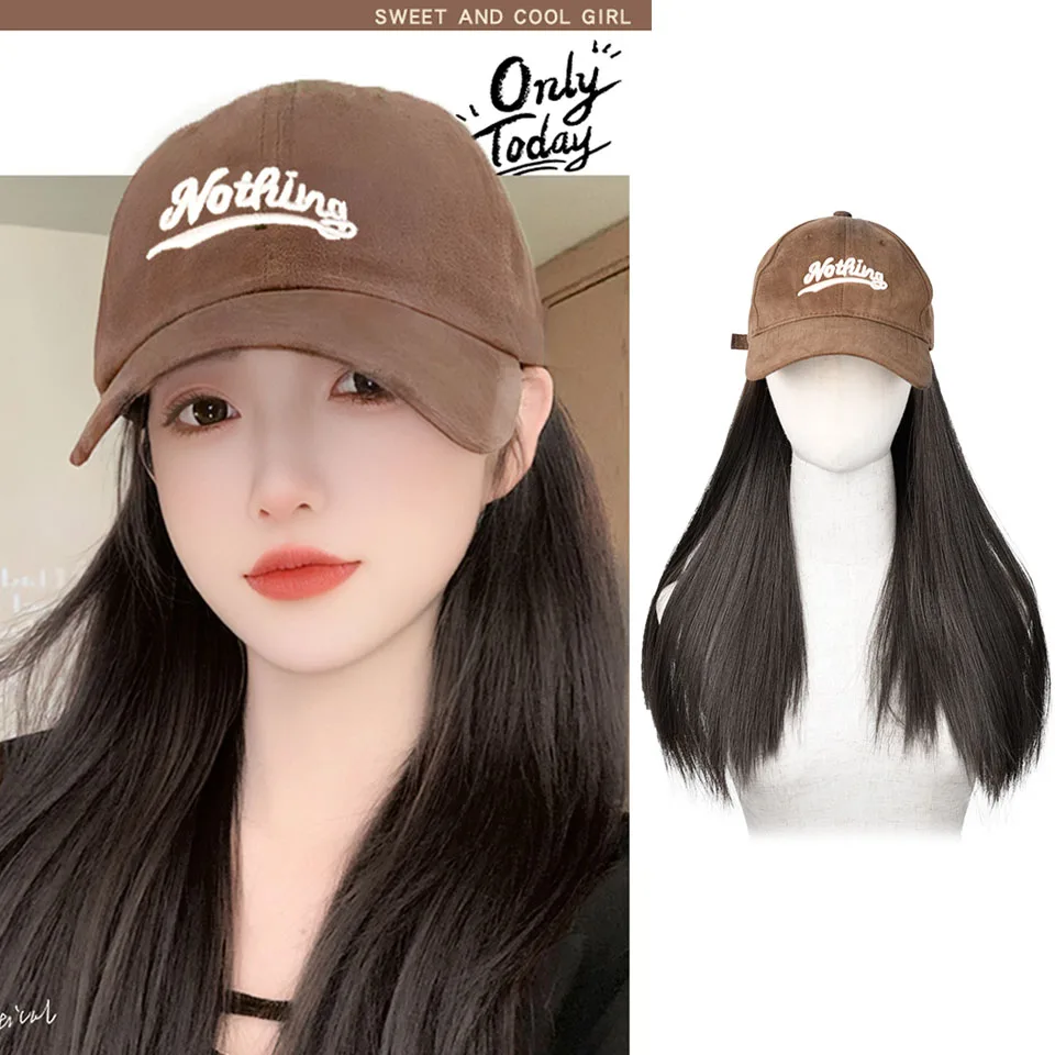 Hat Wig Synthetic Hair Female Long Hair Full Head Female Integrated Long Straight Hair Duck Tongue Baseball Wig Hat