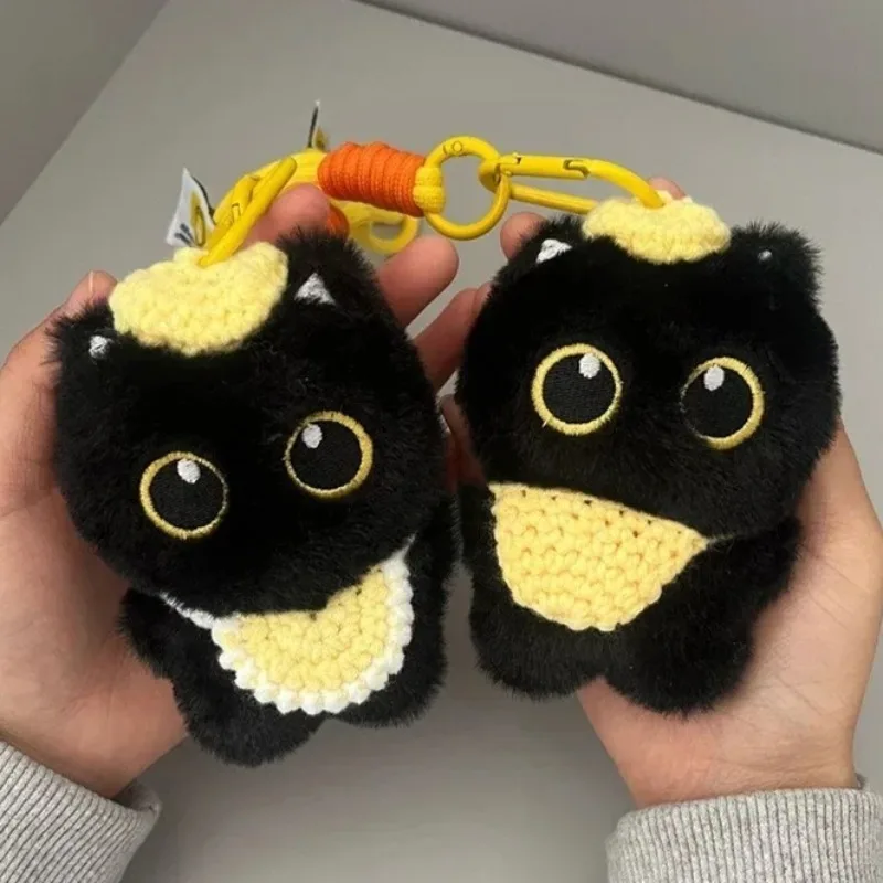 Llaveros de peluche con gatito negro Kawaii, bonito bolso de gato, colgante, mochila, adorno, decoración de animales de peluche de dibujos animados, regalos