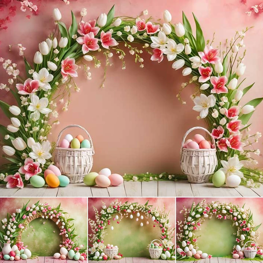 

MOON.QG Tulip Easter Arch Backdrop White Baskets Photo Background Children Photoshoot Poster Photobooth Photography Studio