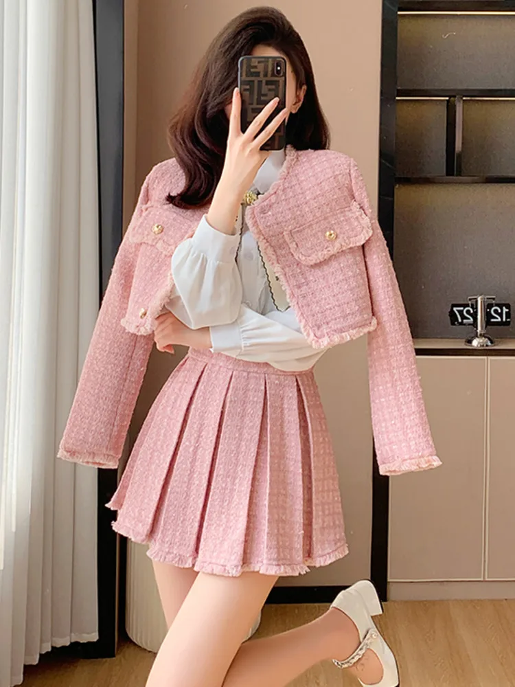 Elegant Autumn Short Mini Suit Skirts Single-breasted Bow Coat 2 Pieces Work Business Small Fragrance Tweed Women Sets Hot