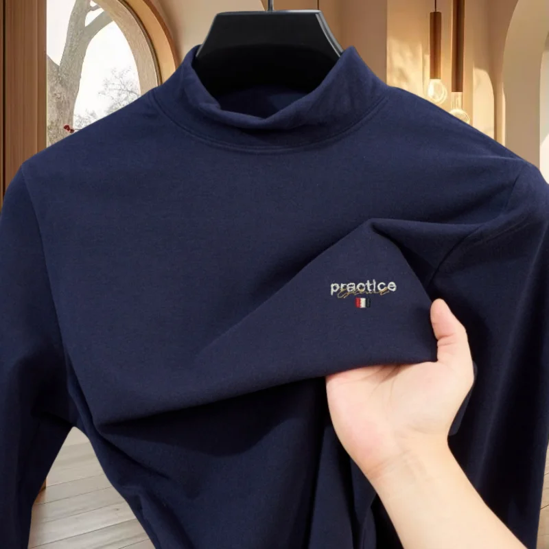 Fashion Spring and Autumn New Velvet Comfortable High Neck T-shirt Personalized Men Brand Classic Letter Embroidered Long Sleeve