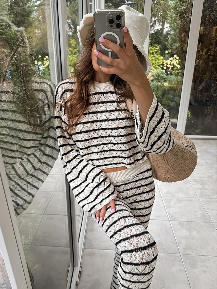 TRAFZA Women Casual Stripe Knitted Set Hollow O Neck Long Sleeve Pullover Crop Sweater Top Female Fashion Elastic Waist Pants