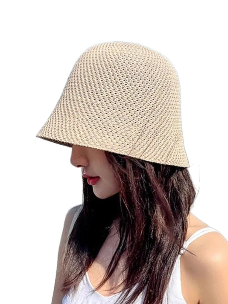 Czapka rybacka letnia moda dzianina wytłaczany papier słomka kapelusz typu Bucket oddychająca czapka plażowa szerokim rondem czapka przeciwsłoneczna — zdjęcie 2