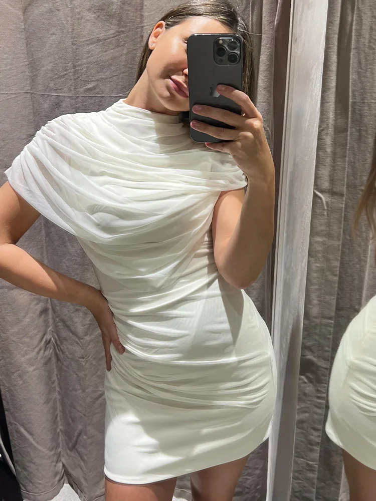 

HH Women's Fashion Versatile Layered Decorative Patchwork Short Dress Female Solid Sexy Elegant Pleated Zipper Party Mini Dress