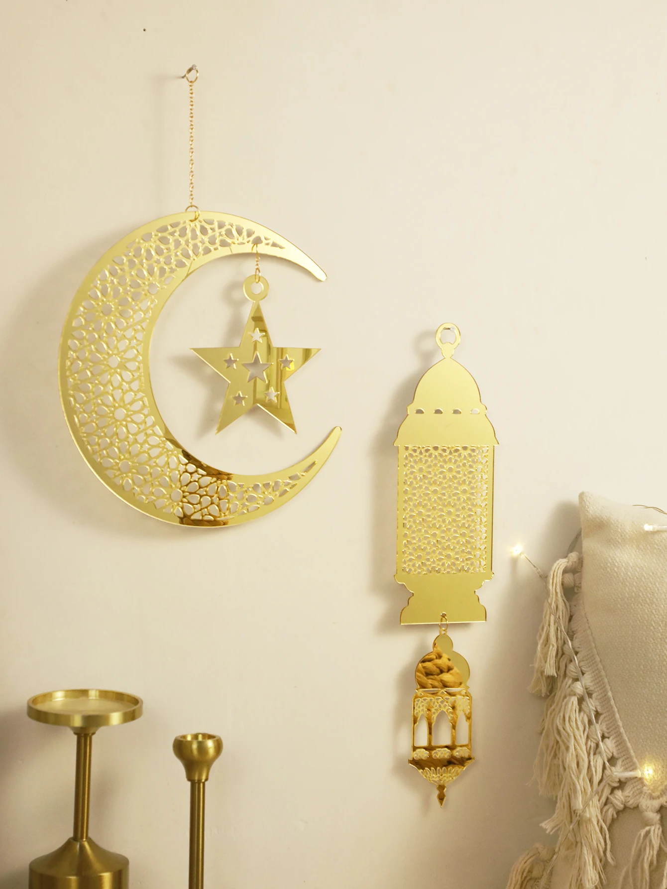 Gold Ramadan Acrylic Moon Hanging Ornaments with Hollow Mesh Star，Eid Mubarak Muslim Decor，Lanterns Wall Decor，Ramadan Kareem