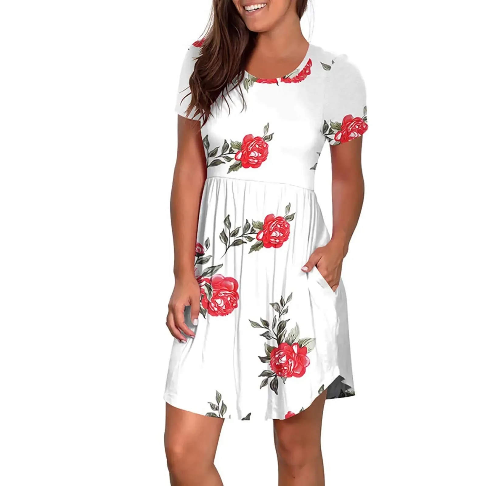 Robe d'été à manches courtes et col rond pour femmes, imprimé floral bohème, coupe unie, t-shirt, robes pour femmes, 2023