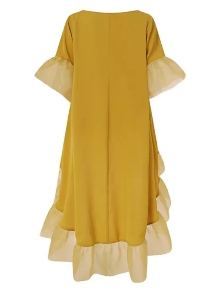 Vestido de meia manga de retalhos de renda para mulheres primavera verão novo estilo cor sólida solto bainha irregular vestido de festa de férias