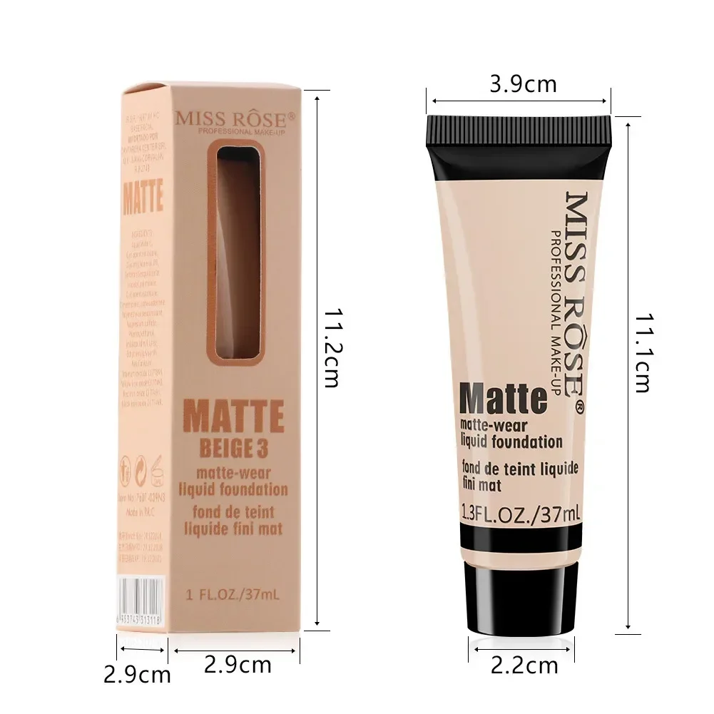 Miss Rose Long-Lasting Natural Nude Matte Foundation Makeup Face Mineral Pigment Liquid Foundation Concealer Full Coverage