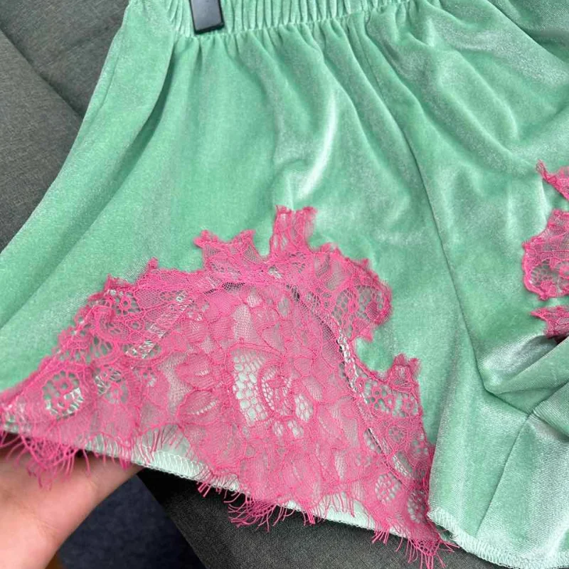 High Street Mint Green Velvet Shorts With Patchwork Lace Trim Paneled Elastic Waist Trousers Women Chic Edgy 2026 Summer Outfits