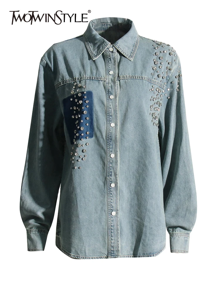 

TWOTWINSTYLE Patchwork Diamonds Temperament Denim Jackets For Women Lapel Long Sleeve Spliced Single Breasted Chic Jacket Female