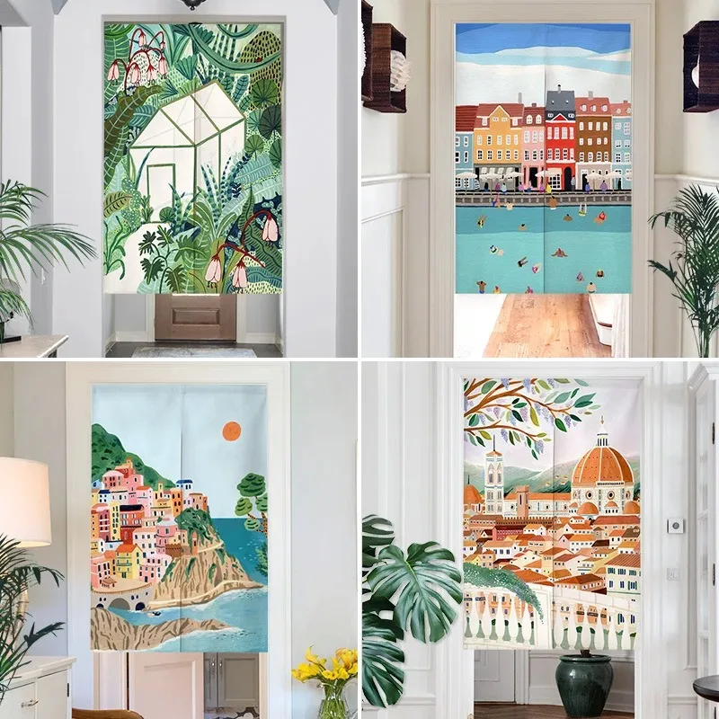 VIKAMA Mediterranean Town Art Curtain Cafe And Tea Room Entrance Semi-Curtain Living Room Bathroom Partition Curtain Home Decor