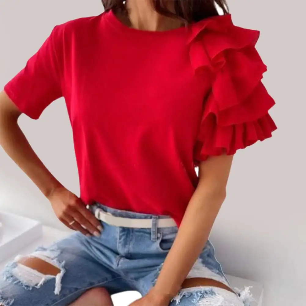 Pure Color T-Shirts Women Short Sleeve Tops Casual Flounce Edge O Neck Tshirts Women Summer Tees femme tshirts футболка женская