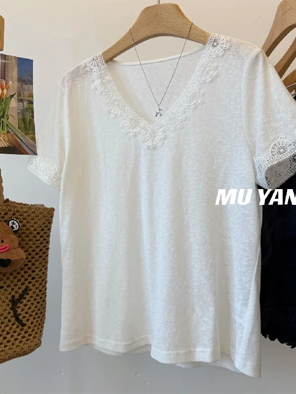 

plus Size Women's T-Shirt Lace Trim Short Sleeve Lightweight Casual Loose Fit Summer Top Heavy Duty 300 Pounds Cotton 100%