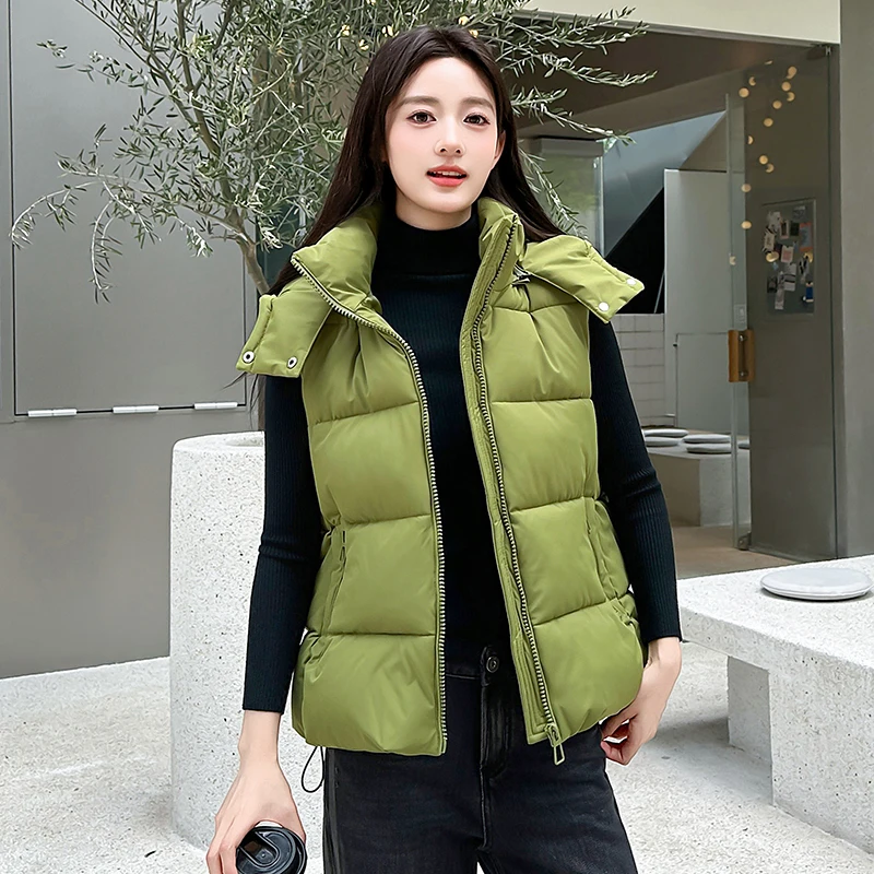 Women Hooded Parkas Vest Sleeveless Waistcoat Adjustable Drawstring Hood Zipper Pocket Drawstring Hem Autumn Winter Outerwear
