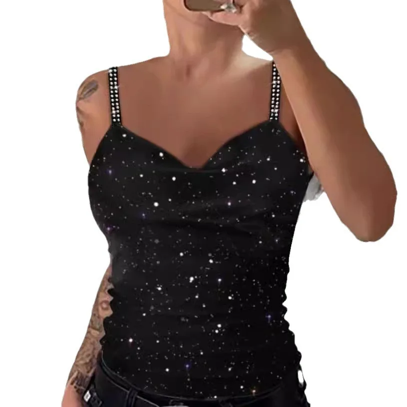 Women's Top 2025 Women's Summer Strap Hot Diamond V-neck Sleeveless Silver Sprinkle Slim Fit Versatile Casual Tank Top