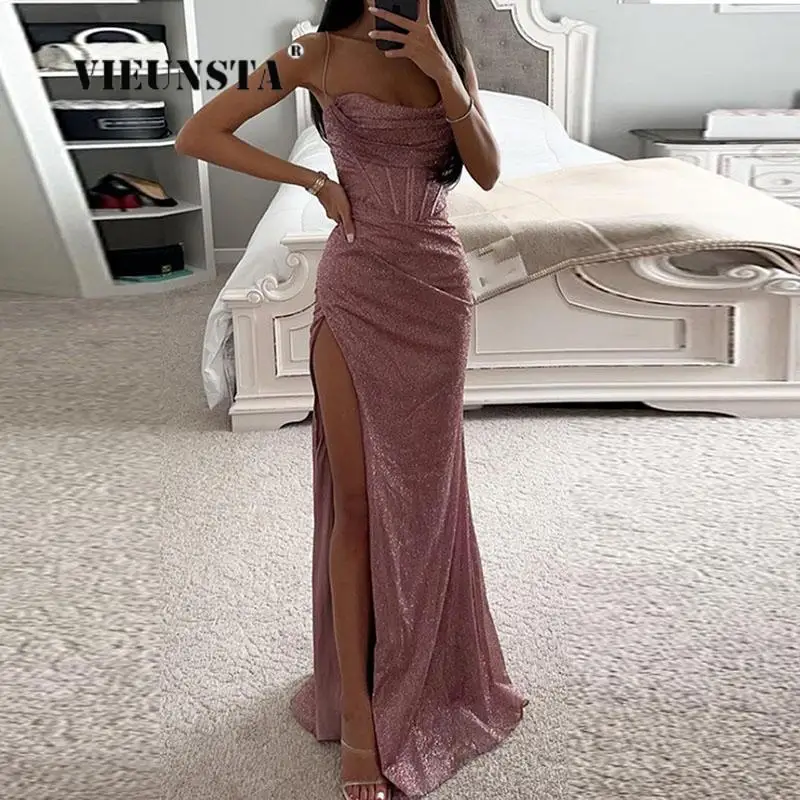 Elegant Corset Bodycon Slit Maxi Dresses Fashion Lady Shiny Backless Evening Dress Women Sexy Slim Spaghetti Strap Sequins Dress