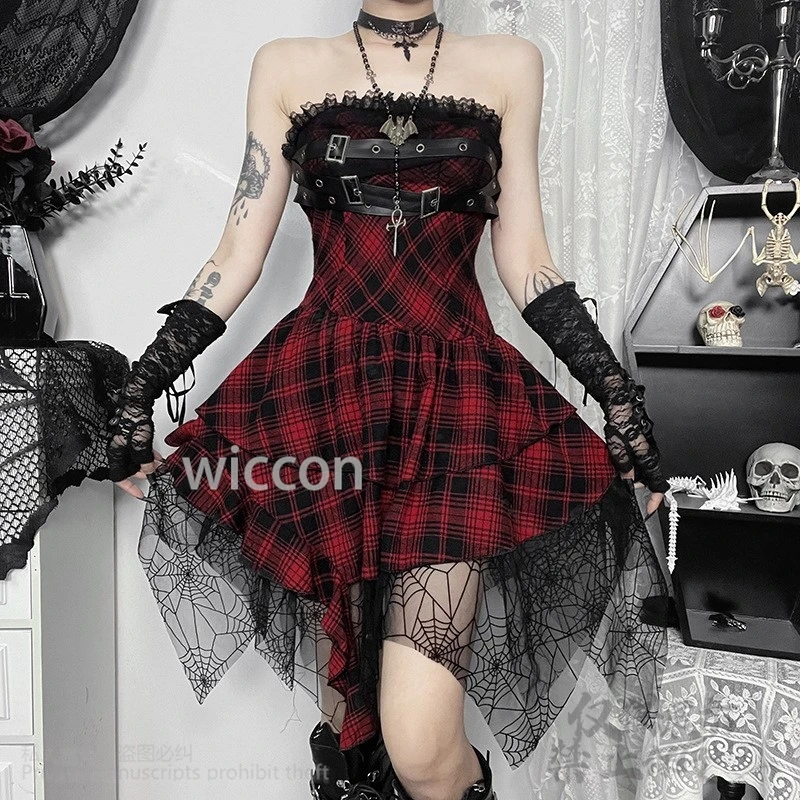 애니메이션 고스 코스프레 할로윈 세트, 레드 격자 로리타 원피스, 블랙 글러브 튜브 원피스 코스튬, 여자 할로윈 파티, 2024