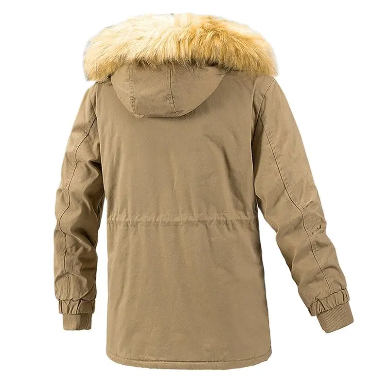 Mens Khaki Winter Coat Fleece Lined Thick Warm Parkas with Hooded Fur Collar Solid Casual Windproof Outdoor Overcoat Man Jacket