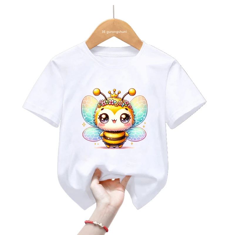 2024 Hot Sale Bee Crown Printed Tshirt Girls Kawaii Kids Clothes Funny White T Shirt Summer Short Sleeve T-Shirt